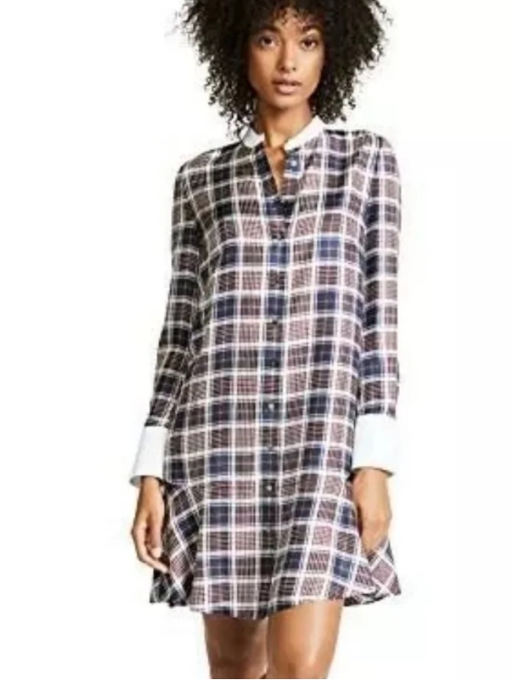 Tory Burch Navy and White Plaid Long-Sleeve Shift Dress Size 14 NWOT